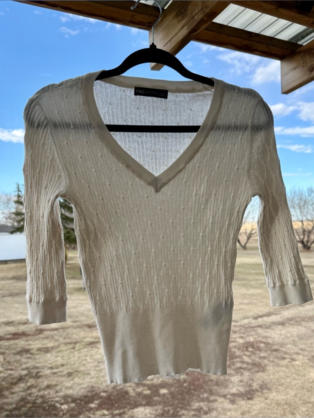 Women's Cream V-Neck Cable Knit Long Sleeve Top - Picture 2 of 7